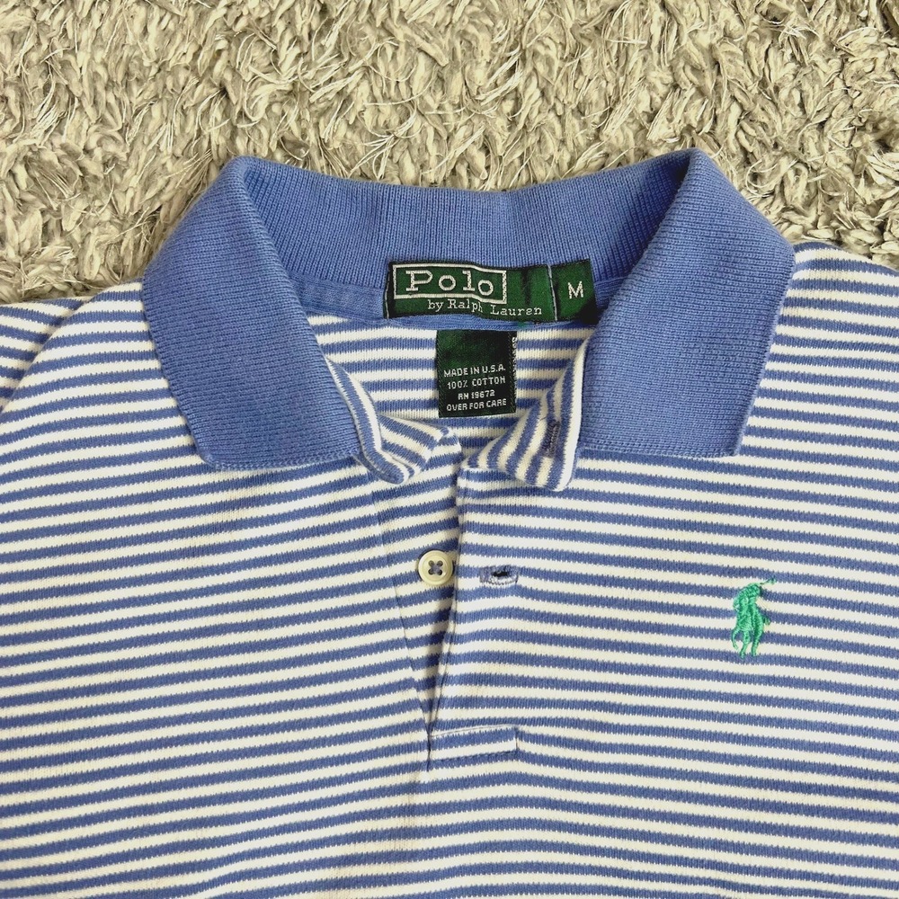 Vintage Polo Ralph Lauren Blue White Striped Knit Shirt Rare Retro USA 80s 90s M